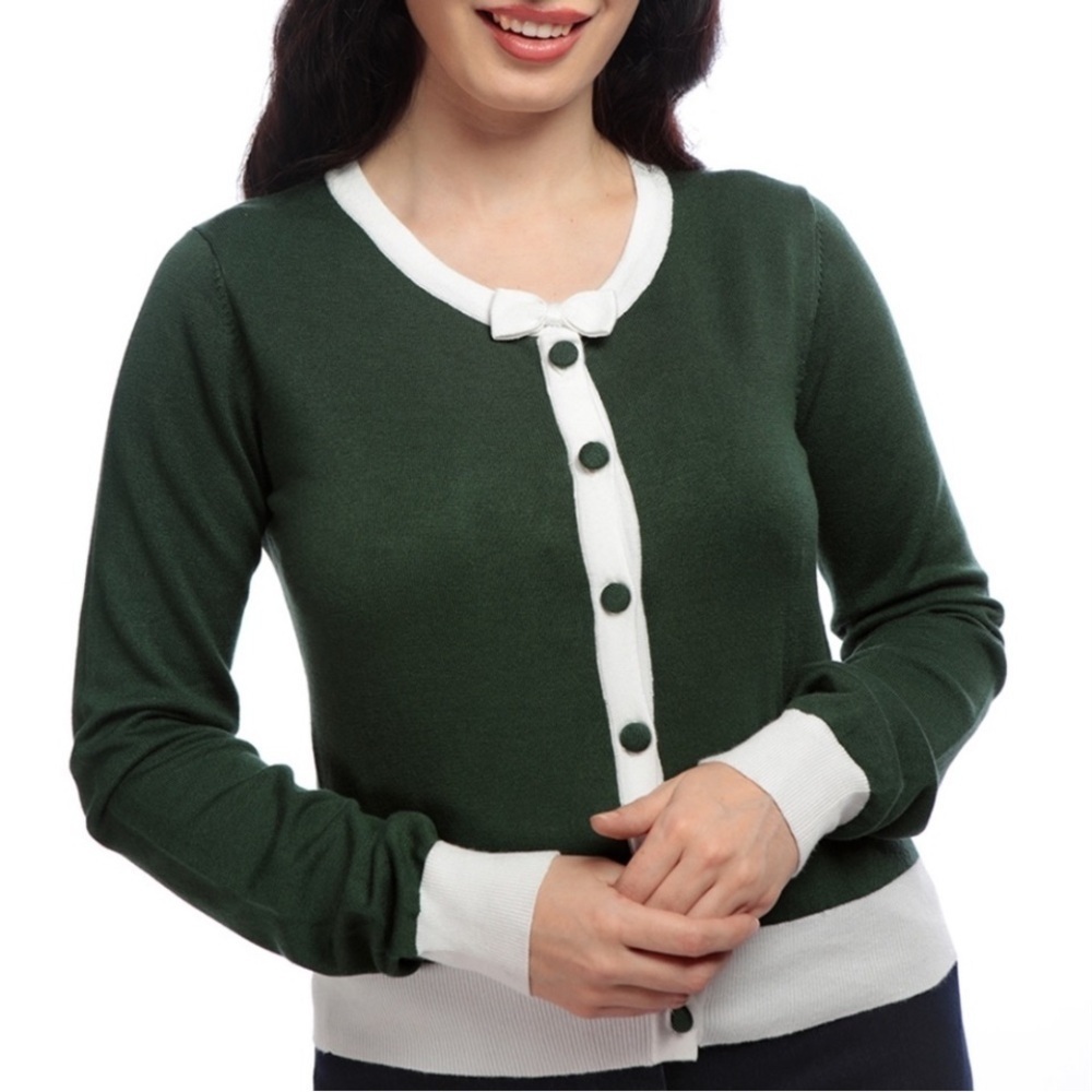Collectif Lightweight White Ribbed Bow Cropped Green Cardigan Sweater Size 18